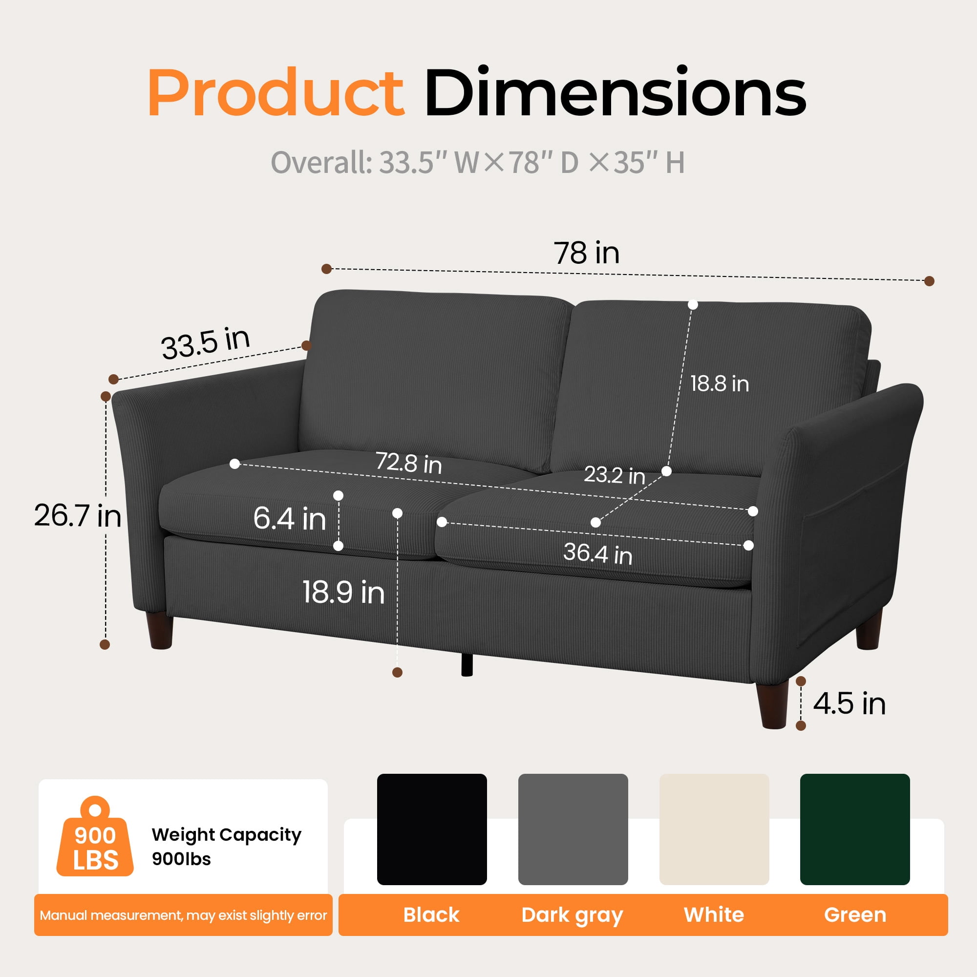 Poshby 79.1'' Comfy Couches Corduroy Sofas Loveseat 3-Seater with Side Pocket for Bedroom, Dark Gray