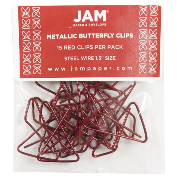 JAM Paper Metal Butterfly Clips, Red Paperclips, 15/Pack