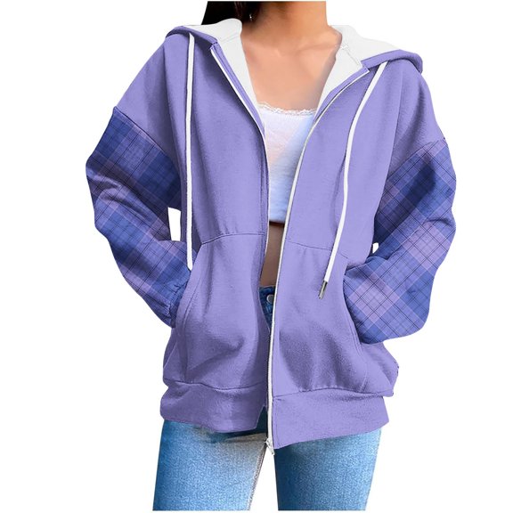 Zip Up Hoodies for Women Drawstring Soft Jackets Plaid Long Sleeve Casual Winter Sweatshirts with Pocket