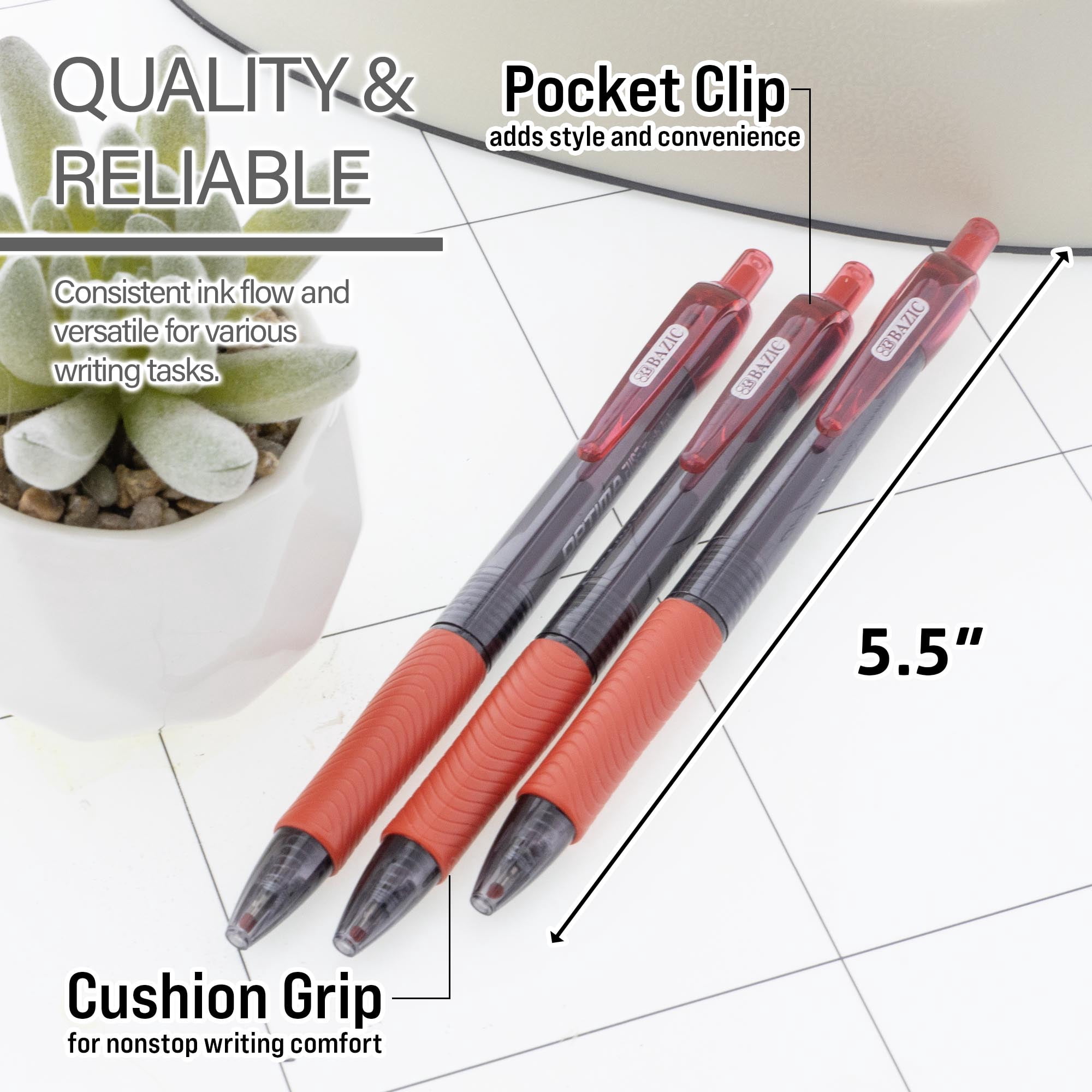 BAZIC Optima Red Fuse Tech Ink Retractable Pen, 0.7 mm, (3/Pack), 24-Pack