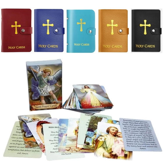 Catholic Prayer Card Organizer, Faux Leather Snap Case with 54 Assorted Holy Cards, Portable Pocket Holder for Daily Faith & Mass Visits