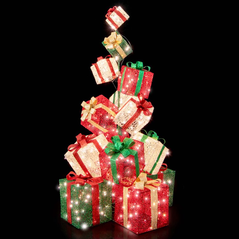 COSTWAY 170 cm grote led-geschenkdozen, 15 gestapelde kerstdoosjes met 450 warmwitte lampen, metalen sokkel, verlichte kerstdoos, kerstdecoratie voor binnen en buiten