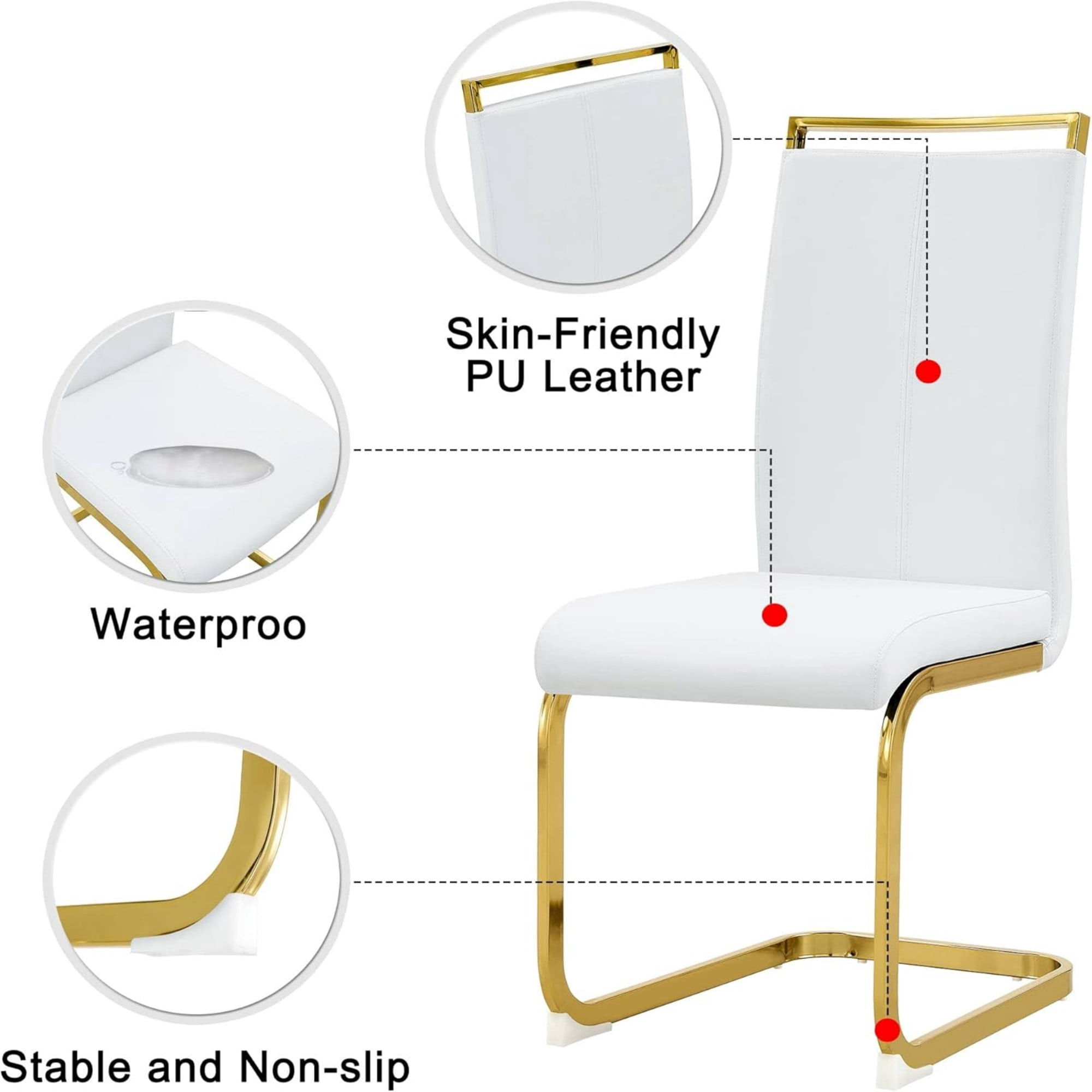 SUDICA Set of 4 Modern PU Leather Dining Chairs, White High Back Upholstered Seats with Gold C-Shaped Metal Legs for Dining Room or Kitchen