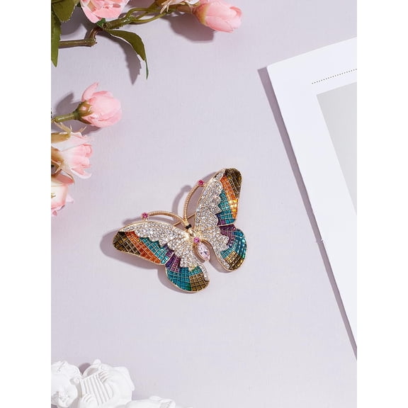 1Pc Butterfly Pave Colorful Rhinestone Brooch Rhinestone Safety Pin Brooches Decorative Pins for Daily Dress-Up Bags Hats Clothes Scarf Coat Handbag Accessories Wedding Party 39x61.5x10mm Making DIY