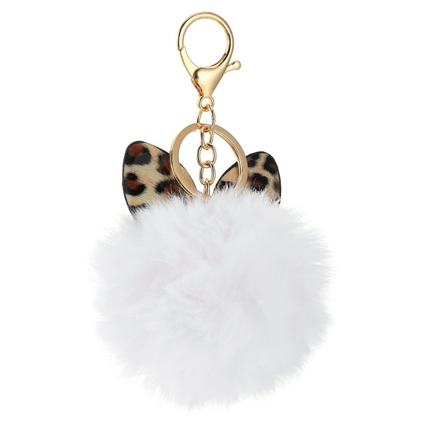 Llavero de oreja con estampado de leopardo de 1 pieza, bolsa de bola peluda, colgante, llavero de regalo (blanco)