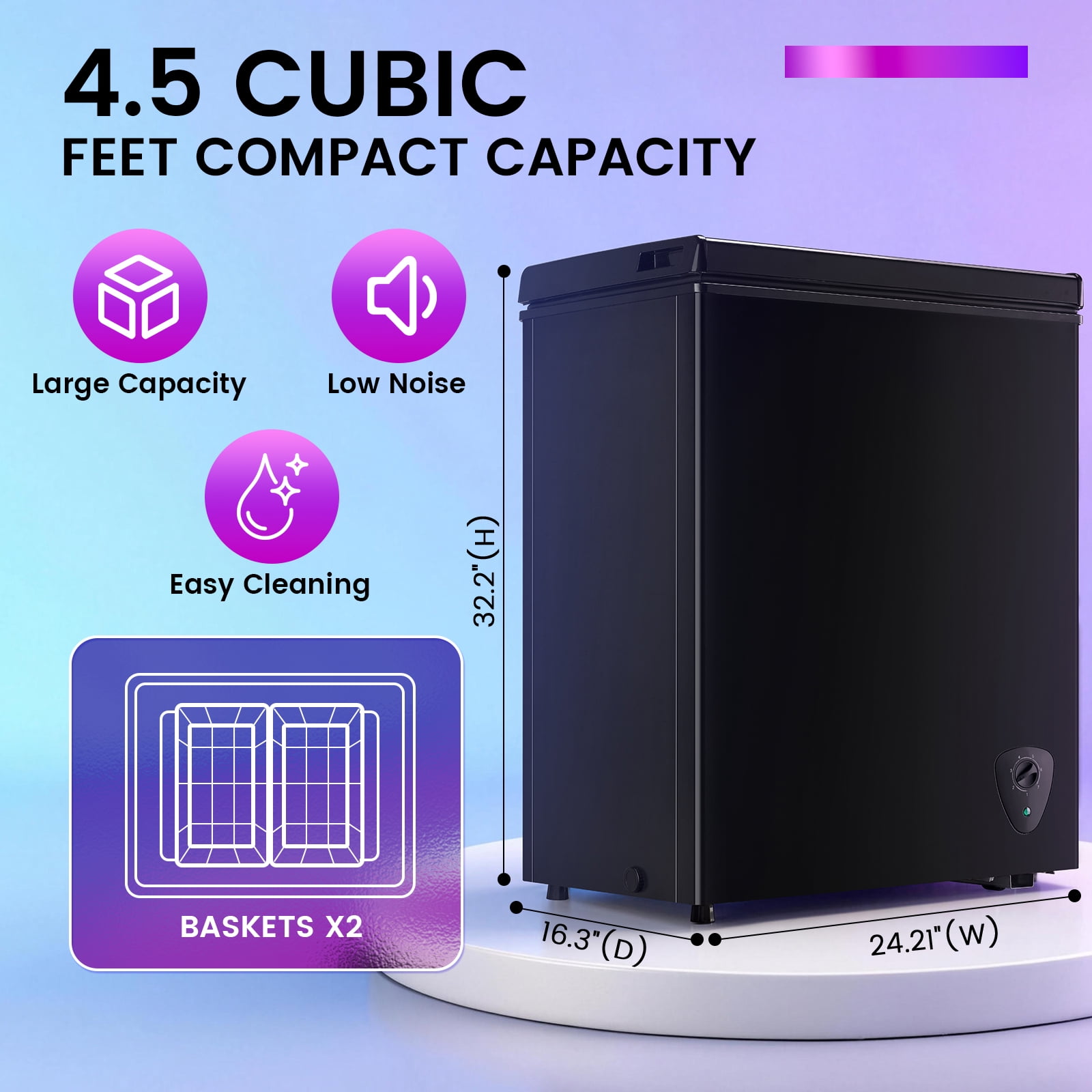 JIEJIA 4.5 cu.ft Compact Chest Freezer, Mini Freezer with Adjustable Temperature, 2 Removable Baskets, Top Open Door, Energy Saving, White