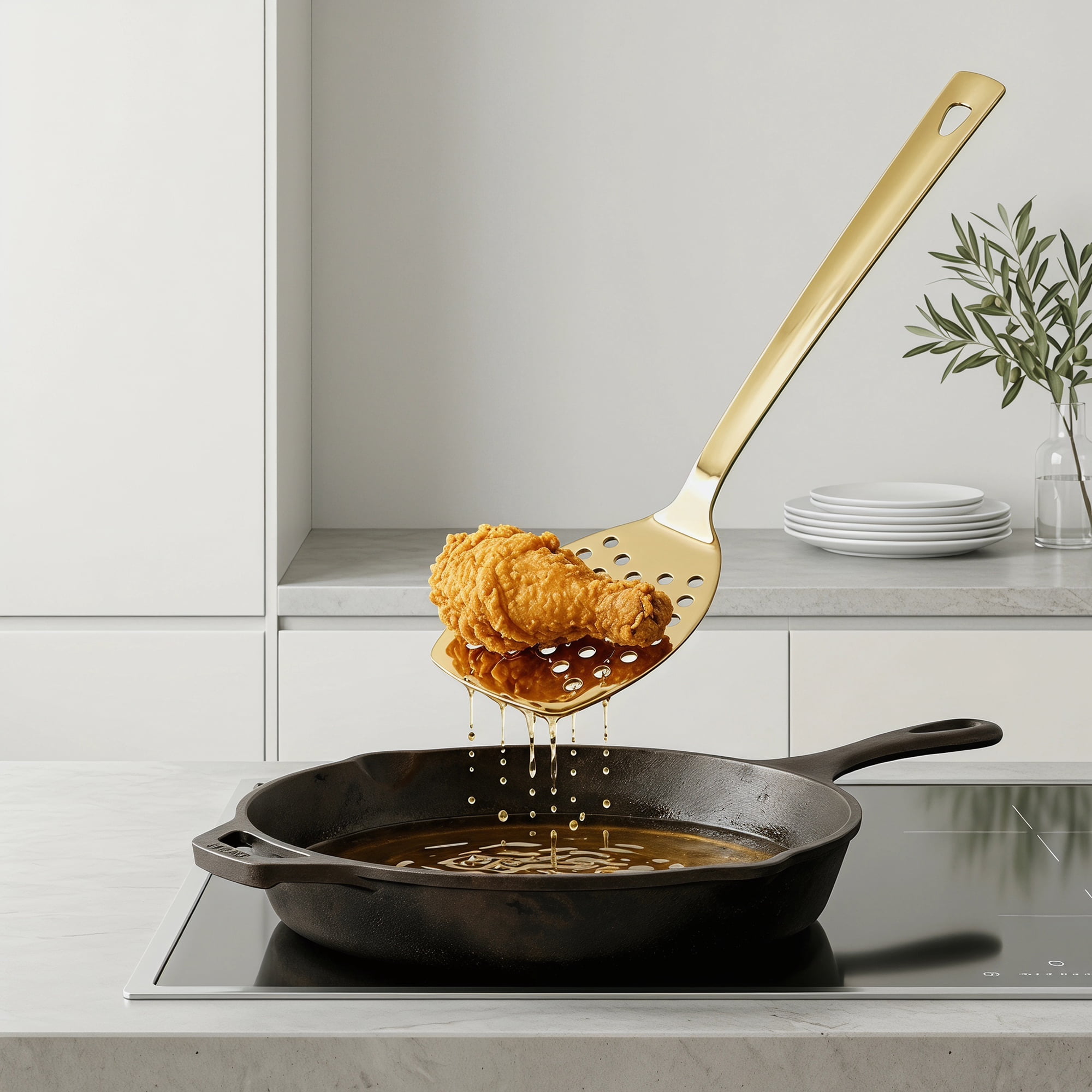 Unique Bargains Kitchen Heat-Resistant Cooking Tool with Long Handle Gold 13x3.1 in