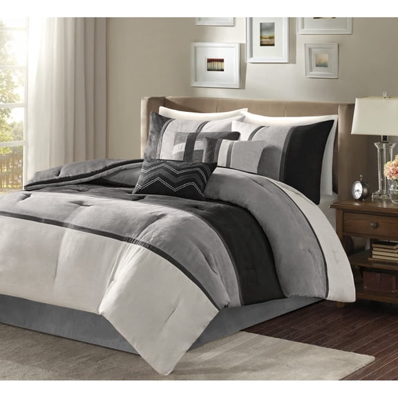 Madison Park Queen Size 7 Piece Faux Suede Comforter Set Black,Bed in a Bag,All Season Bed Set,Cozy and Lightweight