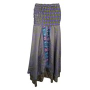 Mogul Womens Ethnic Dress Vintage Silk Sari Purple Green Printed Two Layered Maxi Skirt