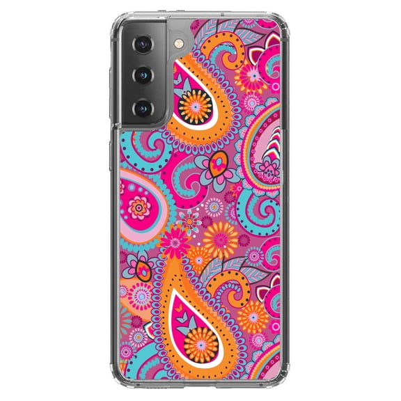 DistinctInk Clear Shockproof Hybrid Case for Galaxy S21 5G (6.2" Screen) - TPU Bumper, Acrylic Back, Tempered Glass Screen Protector - Pink Blue Orange Paisley