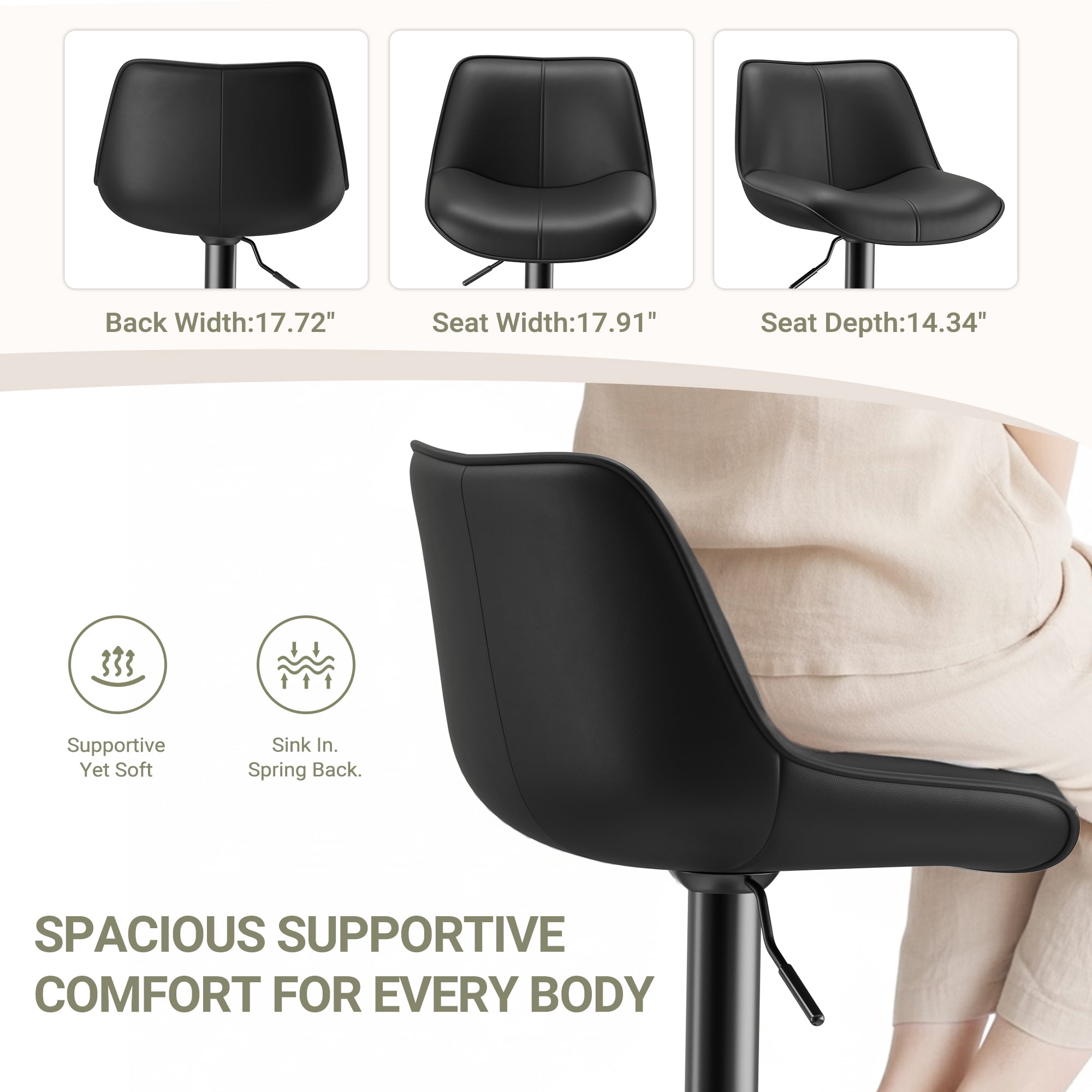 EOP Upholstered Bar Stool Set of 1, Adjustable Swivel Counter Height Bar Chair with Backrest, Modern PU Leather Counter Stool for Bar, Kitchen, Dining Room, Black