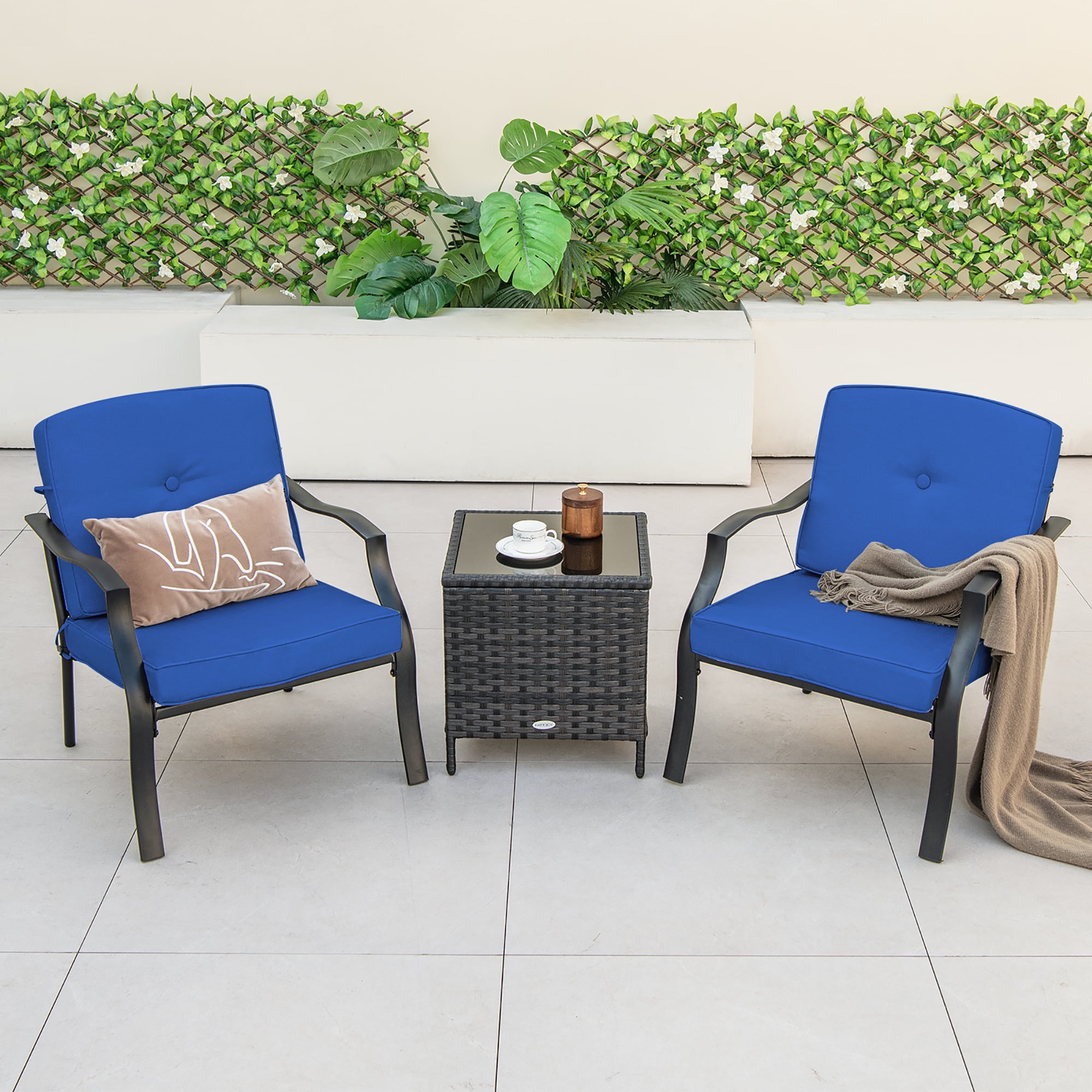 Gymax 2 PCS Patio Metal Chairs Outdoor Dining Seat Heavy Duty w/ Cushions Garden Blue