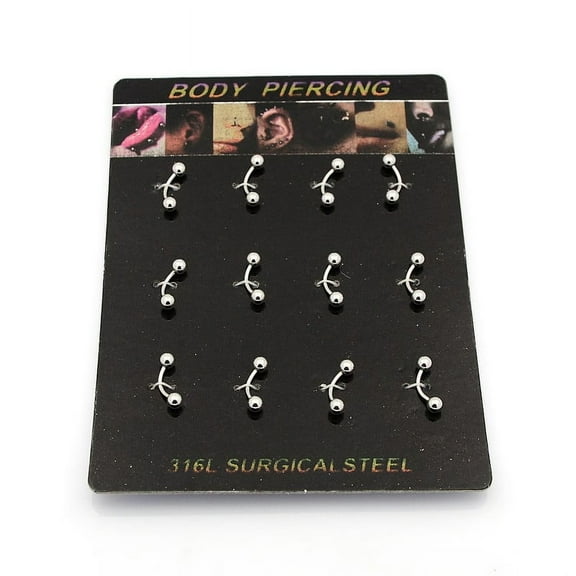 Resistant 316L Surgical Stainless Steel Eyebrow Rings Curved Barbell Eyebrow Piercing Jewelry Stainless Steel color 15x4x4mm Bar Length: 3/8"(9.5mm) Pin: 18 Gauge(1mm) 12pcs/board