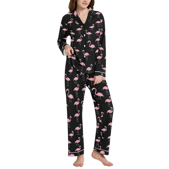 joogoo Pajamas Set for Women Flamingo Black-h1 Long Sleeve Pjs Loungewear L