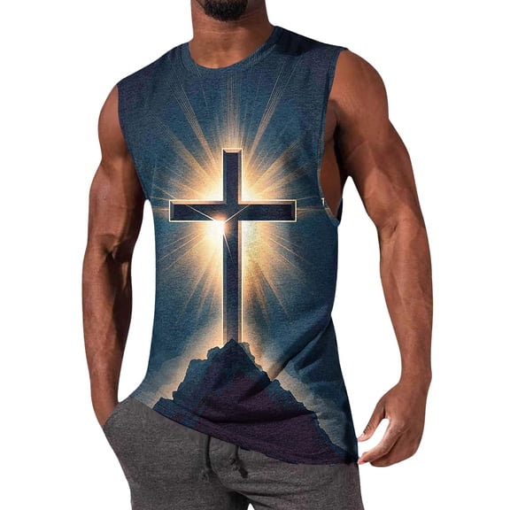 LEKWK Men's Religious Tank Tops Sleeveless Crew Neck Muscle Shirts 3D Print Jesus Christ Vest Summer Gym Workout Athletic Breathable Casual Fashion Blouse