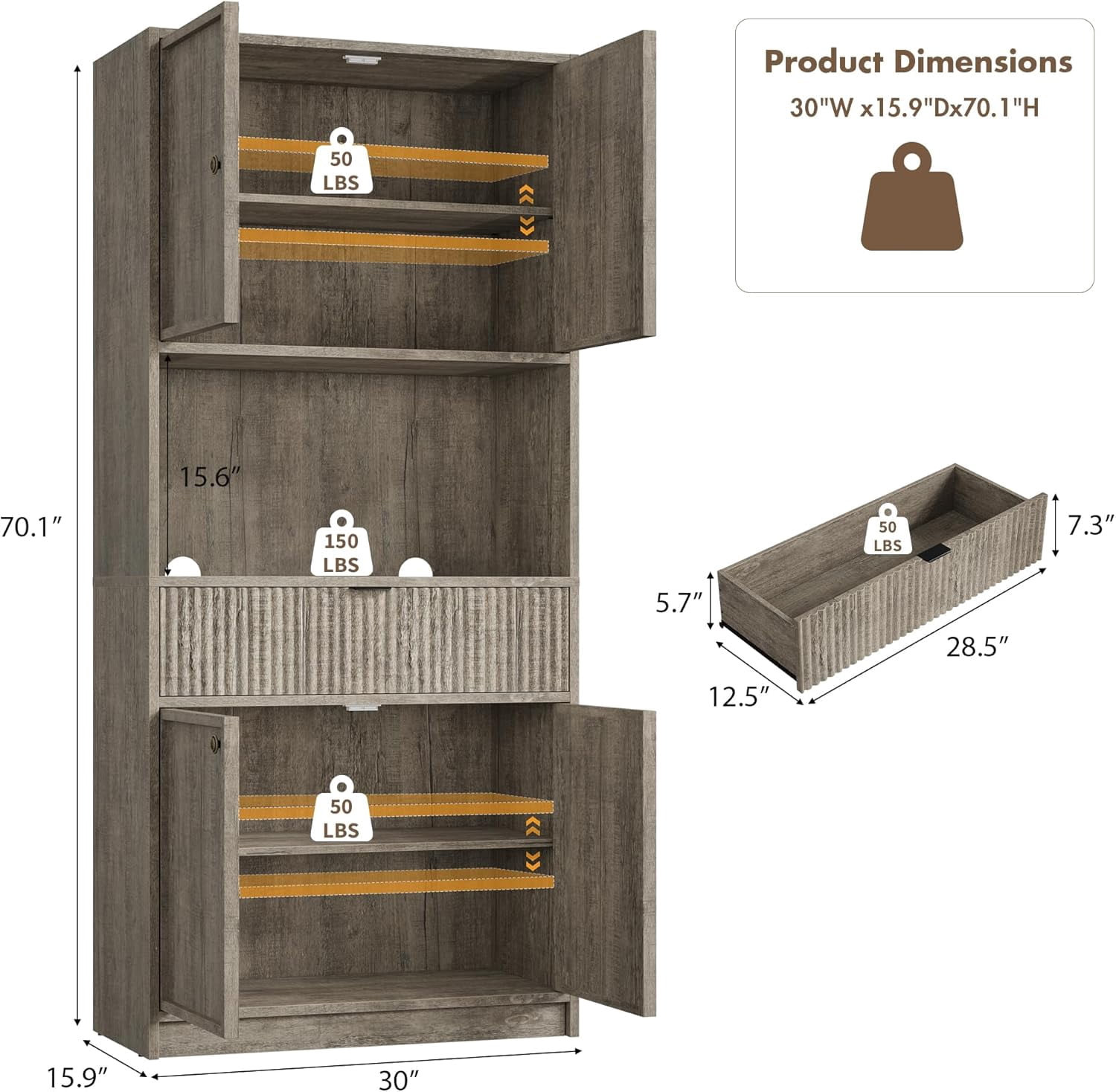 Tall Kitchen Pantry Cabinet, 70" Storage Cabinet with Countertop Shelf and Drawer, Freestanding Fluted Kitchen Hutch Cupboard for Dining Room, Living Room，Grey