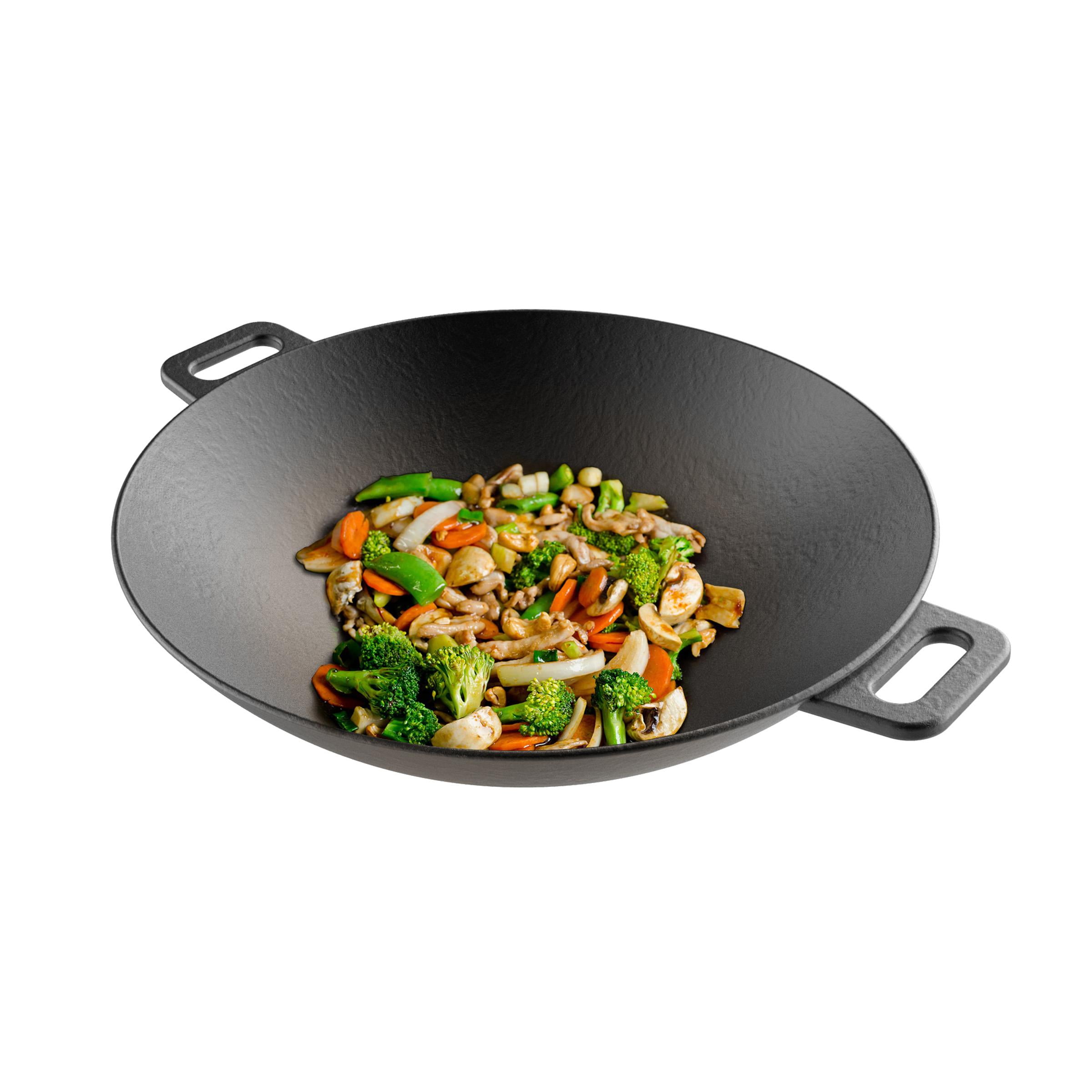 Bruntmor Pre Seasoned Cast Iron Wok Large Loop Handles Flat Base Gray 14-inch