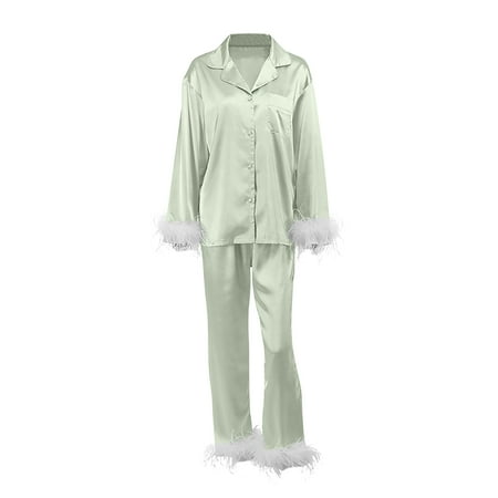 

BESTHUA French Casual Feather Nightwear | 2022 New Long-sleeved Sleepwear with Feather Trim | Silk Satin Long-sleeved Pajamas Loose Sleeping Loungewear for Women