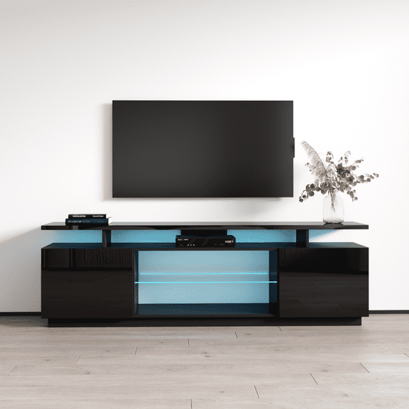 Eva-K TV Stand for TVs up to 80", Modern High Gloss 71" Entertainment Center, TV Media Console with Storage Cabinets and LED Lights