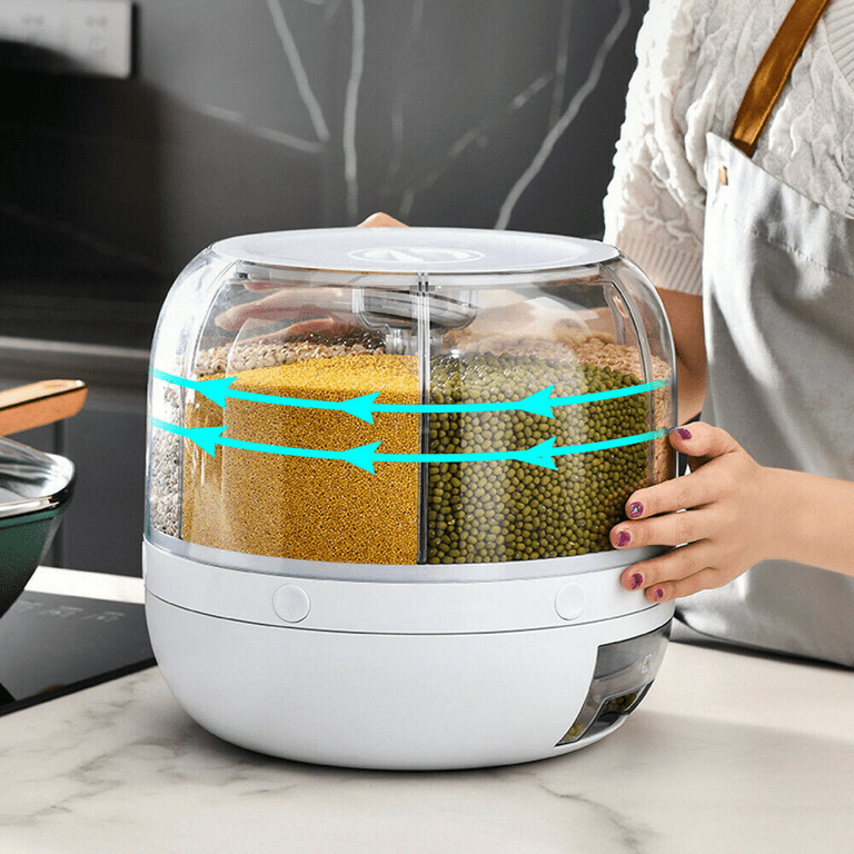 Rice Dispenser, 6-Grid 12lbs Rotating Rice Dispenser, Rice & Grain Storage Container, One-Click Rice Output, Visible And Round Rice Storage Bucket For Grains, Snacks, Candy, Coffee Beans, Dog Food