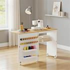 Barara King Folding Sewing Table Craft Storage Desk with Storage Shelf and 5 Lockable Wheels for Home Hobby Room Furniture, White