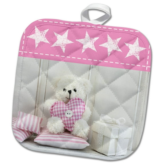 3dRose, Cute White Little Teddy Bear With Heart And Gift Box, 8x8 Potholder