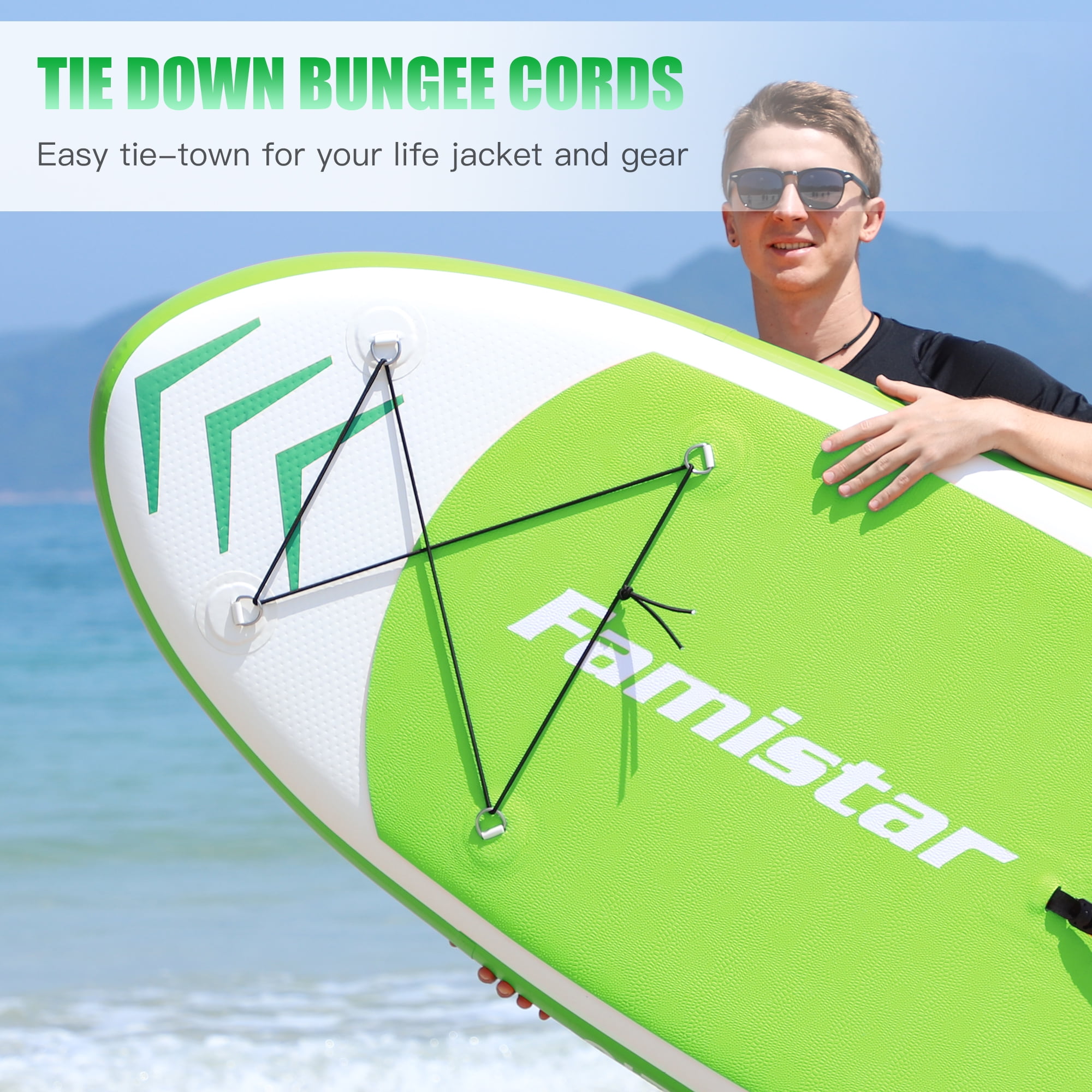Famistar Inflatable SUP Paddle Board, 144"Lx32"Wx6"THK, w/ 3 Removable Fins, Adjustable Paddle, Pump with PSI Gauge, Carrying Backpack & Repair Kit