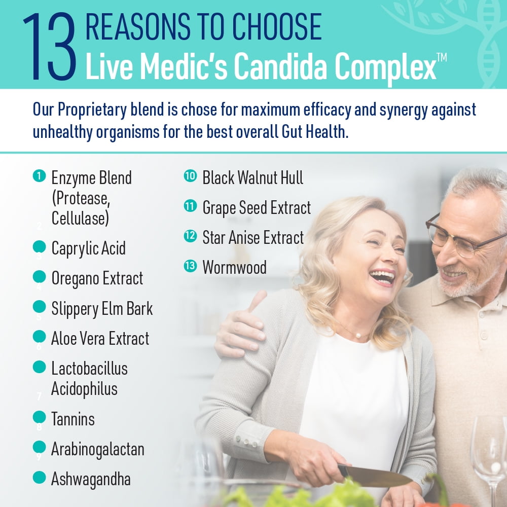 Liver Medic Candida Complex Digestive Enzymes, Enzymes for Digestion and Candida Cleanse, Non-GMO Probiotic with Herbs, Caprylic Acid, and Grape Seed Extract. (60 Vegetarian Caps)