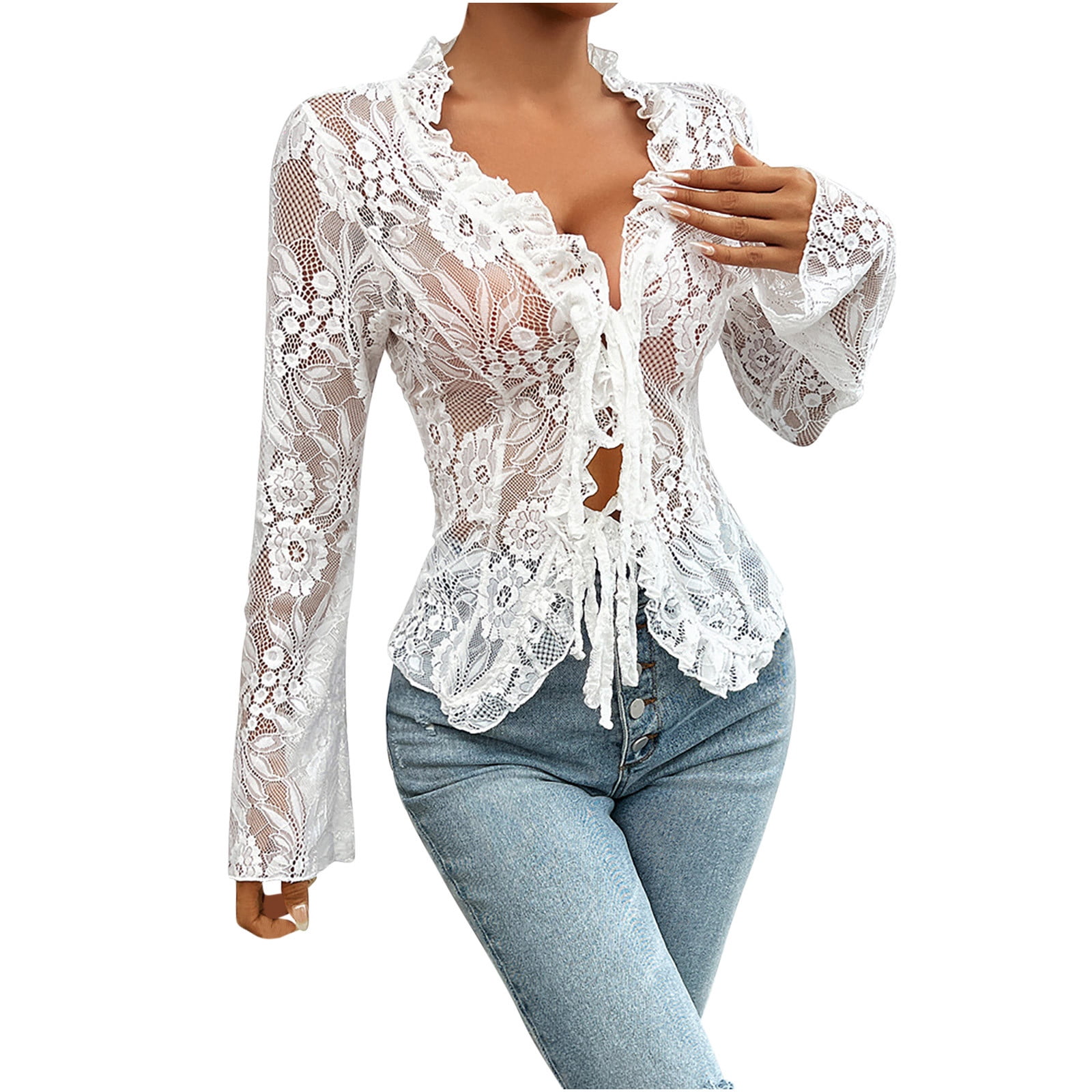 Women's Sexy Open Front Tie Tops Lace Sheer Mesh Tees Ruffle