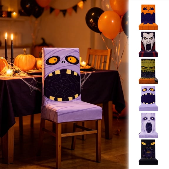 PYURTEP Halloween Chair Covers, Spooky Face Slipcovers, Double-Sided Printed Decorative Chair Covers for Indoor Outdoor Dining Halloween Decor