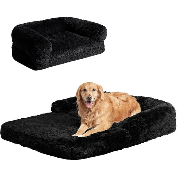 Foldable XXL Dog Bed, Faux Fur Fluffy Pet Couch Bed for Extra Large Dogs, Orthopedic Calming Memory Foam Big Pet Bed, Washable Soft Pet Sofa Bed with Non-Slip Bottom, Black, 54"x38"x7.5"