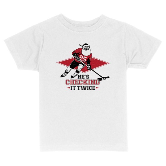 TeesAndTankYou He's Checking It Twice Hockey Santa Christmas Toddler Kids T-Shirt 2T White