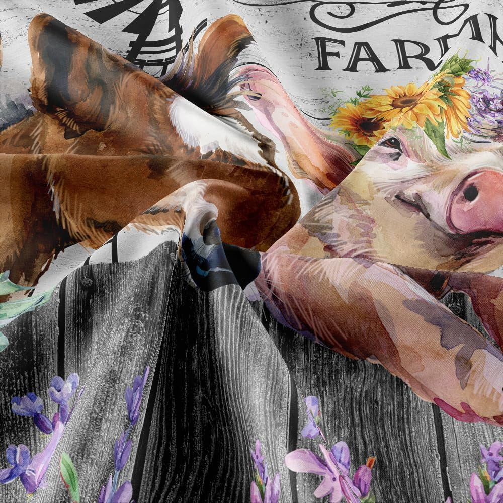Funny Farm Western Wildlife Animals Shower Curtain, Farmhouse Cute Cow Cat Chicken Pig Horse Bathroom Curtain Set, Country Wooden Bath Curtain Fabric Rustic Flower, 72X72in