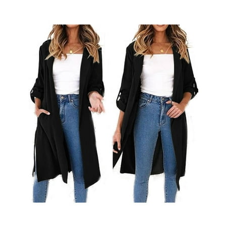 Womens Waterfall Long Trench Coat Ladies 3/4 Sleeve Drape Belted Blazer Outwear