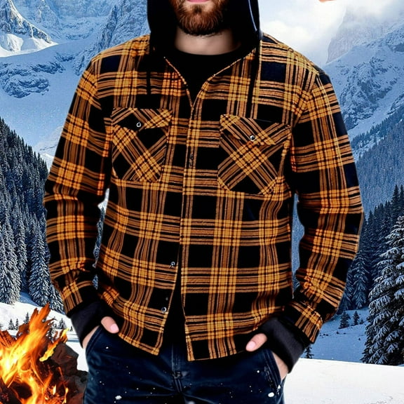 Long Sleeve Shirt for Men Fleece Lined Hoodie Plaid Button Down Shirt Jacket with Pockets for Winter Casual Outdoor Wear Mens Shacket