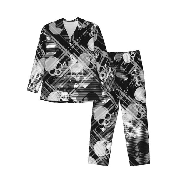 Balery Seamless Pattern With Skulls Pijama para Hombre de Dos Piezas con Manga Larga, Conjunto de Dormir y Descanso Suave con Bolsillos-Medium