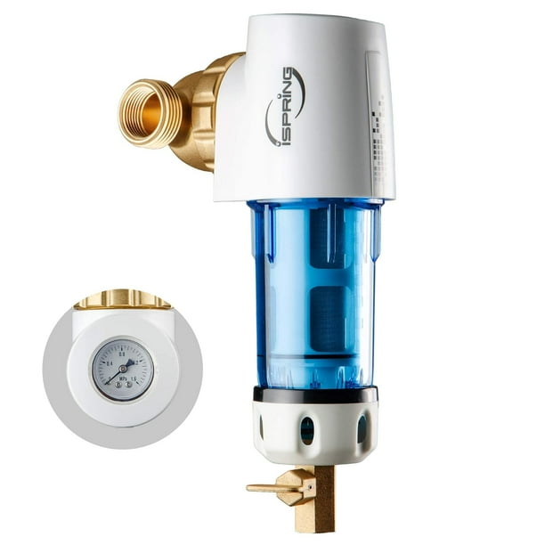 iSpring WSP50GR Filtro de Agua para Sedimentos Reutilizable, 50 Micrones, con Raspador Integrado en la Carcasa, Cabezal Giratorio 360° y Manómetro de Presión, Azul