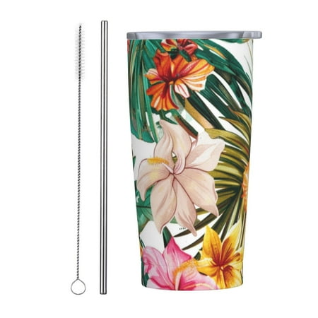 

Tropical Floral Pattern 20 oz stainless steel car cup with straw cover insulated hot and cold water cup coffee cup