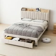 thumbnail image 1 of YUSAZENS Twin Bed Frame with Storage Headboard Platform, Linen Fabric Platform Bed with Charging Station & Drawer, No Box Spring Needed, Easy Assembly, Beige, 1 of 3