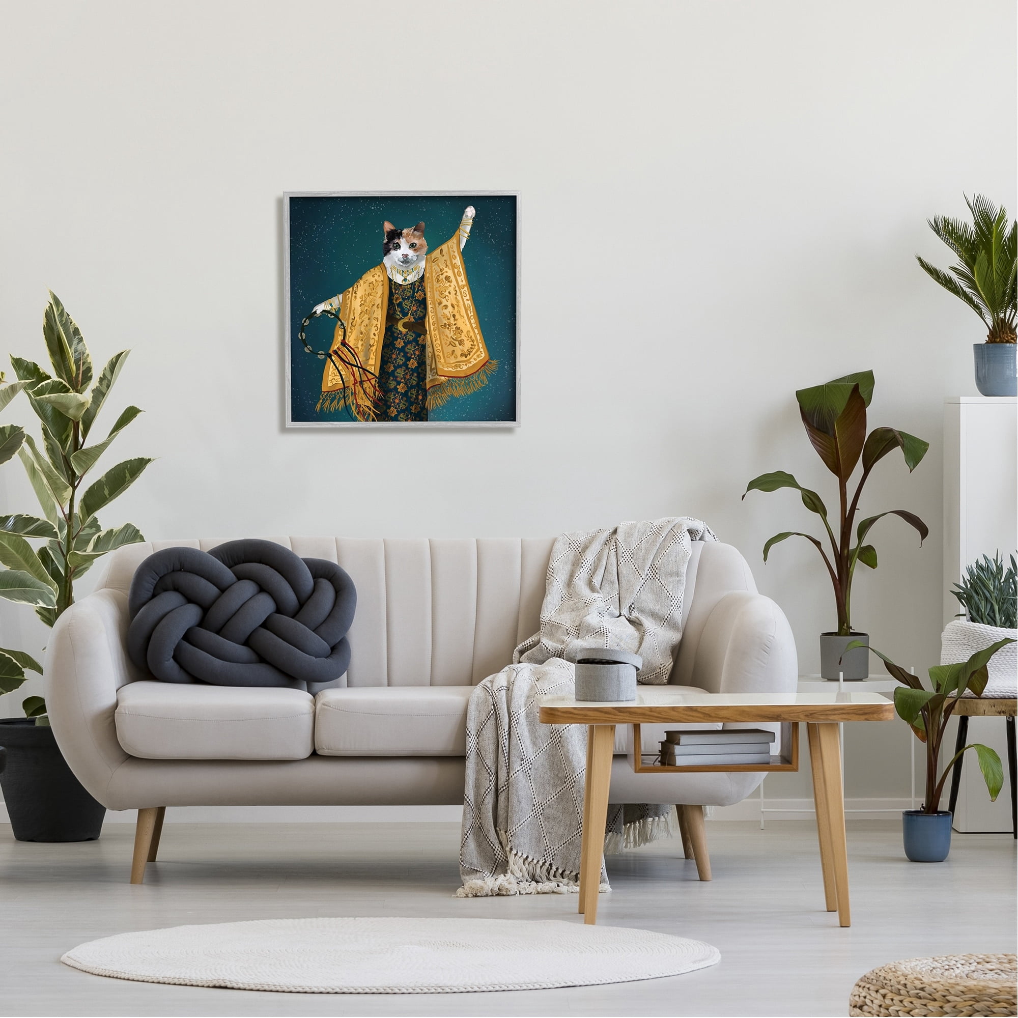 Stupell Industries Fashionable Cat Traditional Patterned Boho Clothing Portrait Graphic Art Gray Framed Art Print Wall Art, Design by House of Rose