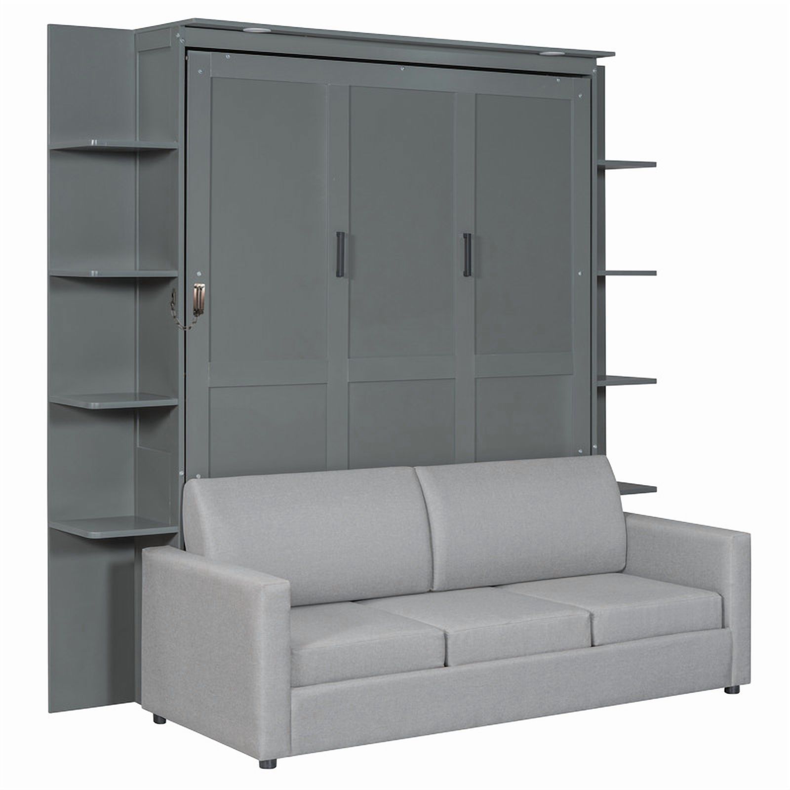 Queen Size Murphy Bed with Sofa, Wooden Wall Bed with Storage Shelves, Folding Platform Bed with Built-in LED Spotlights