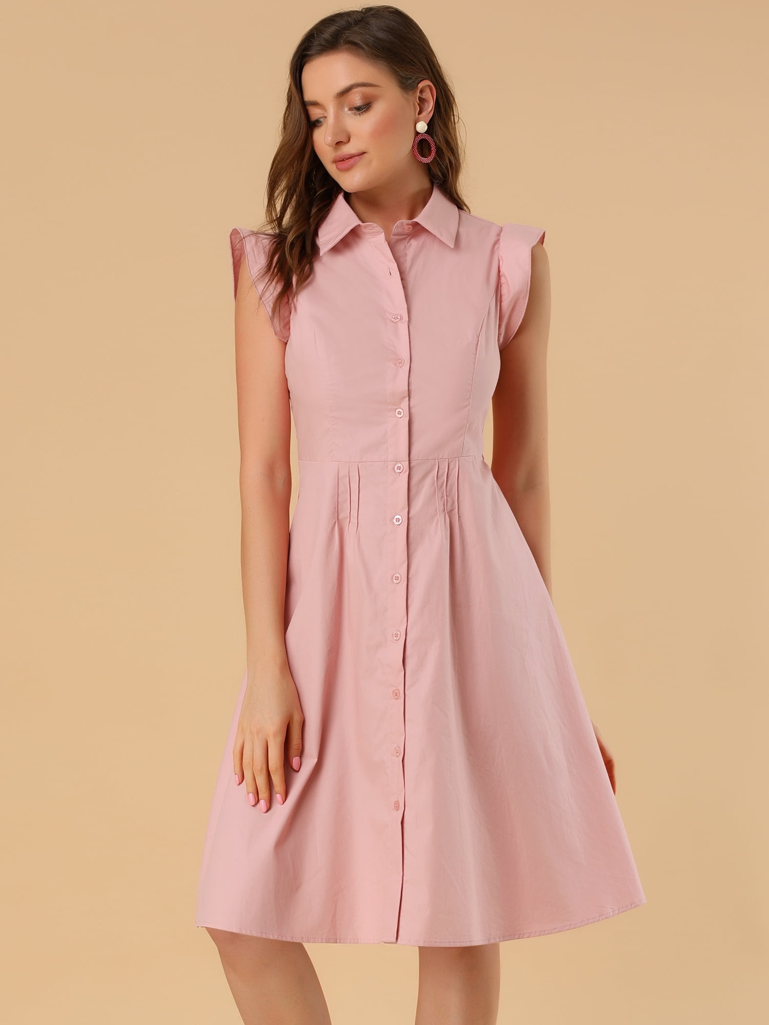 DARING DIVA Ruffled Sleeve Button Down Belted Knee Length Shirt Dress XL Pink
