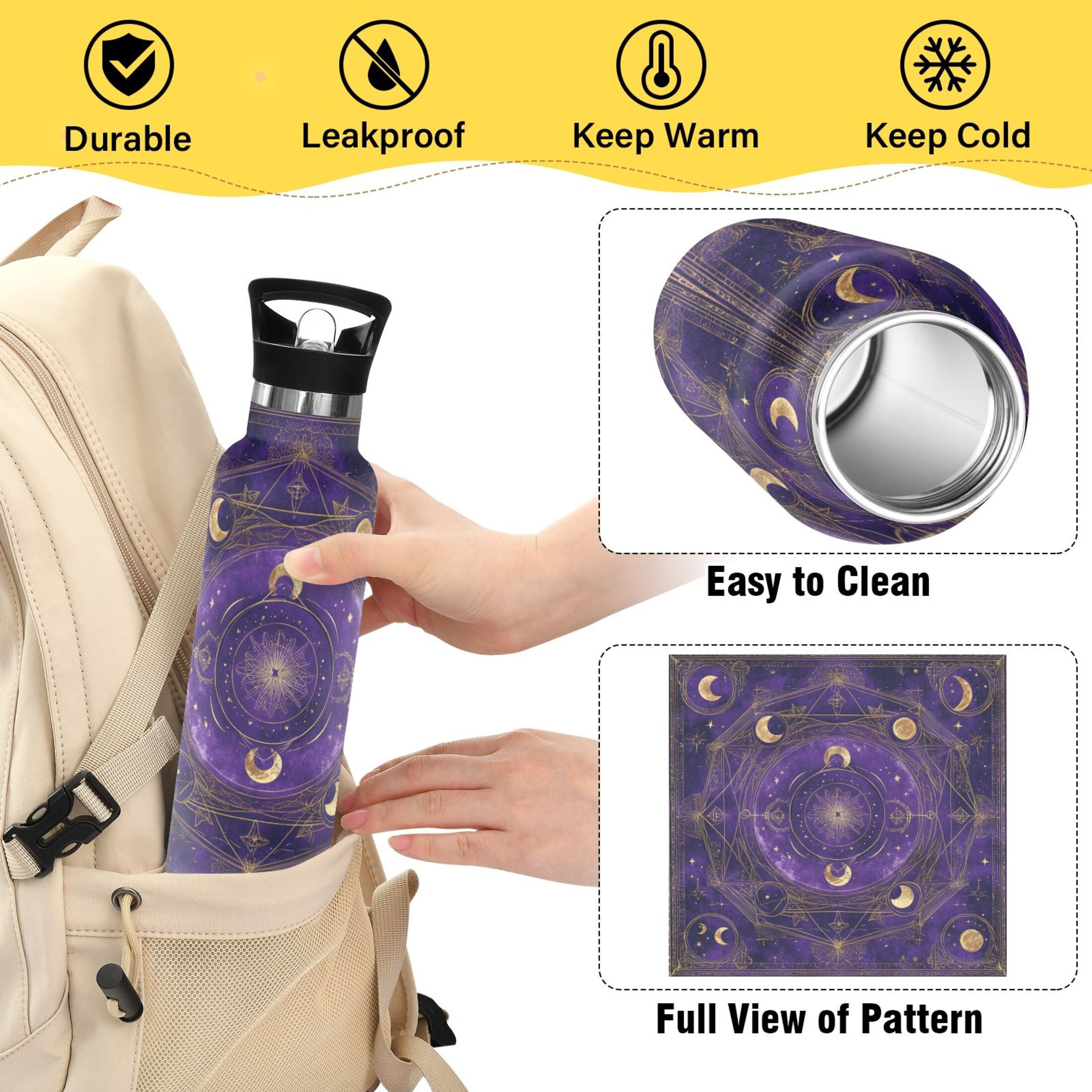 Kids Insulated Stainless Steel Sports Water Bottle 600ml (20oz) Purple Celestial Pattern