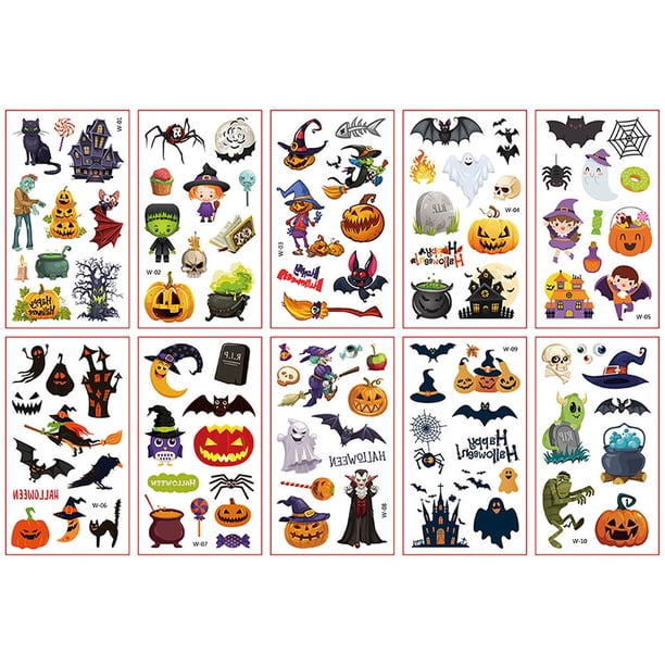 10 Hojas De Tatuajes Temporales De Halloween Para Niños, Calabaza, Bruja, Fantasma, Telaraña, Murciélago, Tatuaje Temporal, Pegatina Para Niños