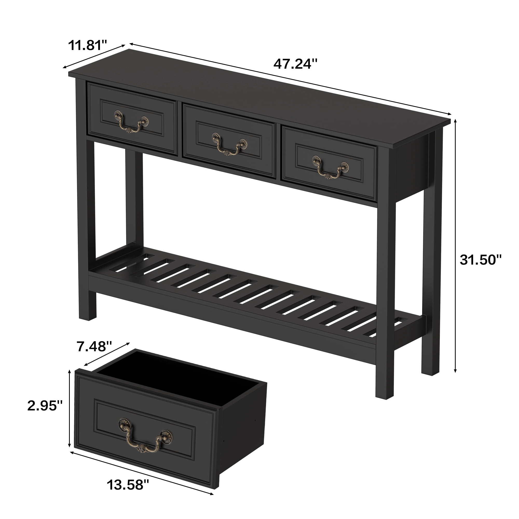 SPANSPACE Farmhouse Console Table with 3 Drawer, 47'' Entryway Table with Open Storage Shelf, Narrow Long Sofa Table for Living Room, Hallway, Behind Soft, Couch , Black