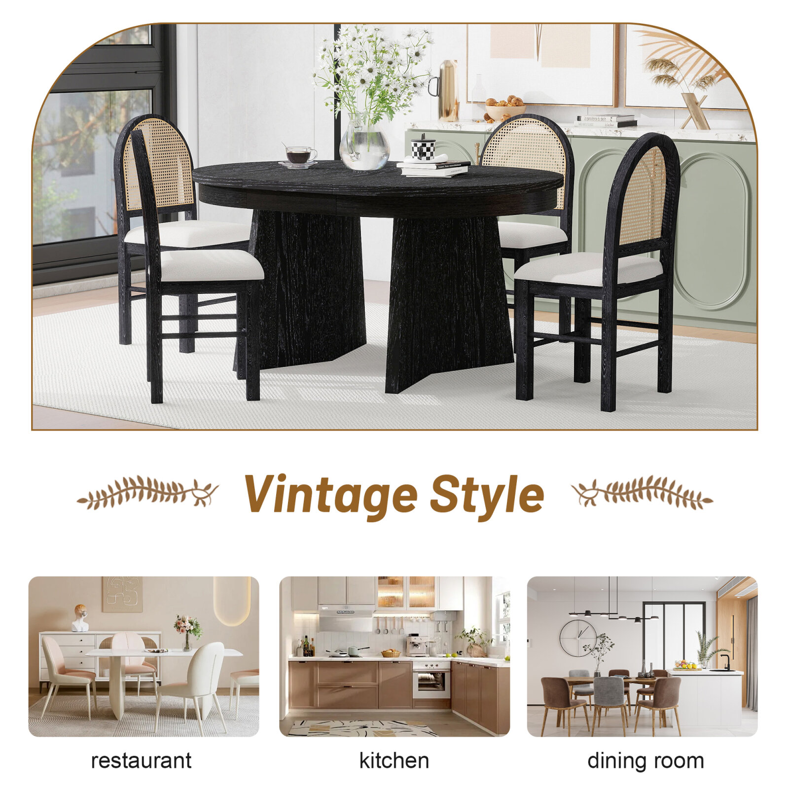 5-Piece Extendable Dining Table Set for 4 People, Solid Wood Kitchen Table Set with 4 Upholstered Chairs and Rattan Backrests for Dining Room and Kitchen, Espresso