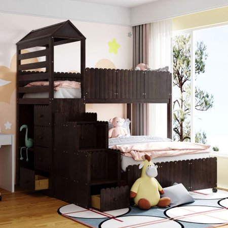 House Bunk Bed Frame with 2 Shelves and 7 Drawers  Twin Over Full Bunk Bed Wood Bunk Beds for Kids with Guardrails and Staircase Storage  Convertible into 2 Beds  No Spring Box Needed  Espresso