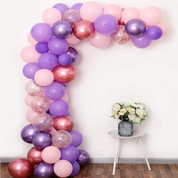 Juego de guirnaldas con forma de arco con forma de globo, 63 unidades, confeti de látex rosa y morad