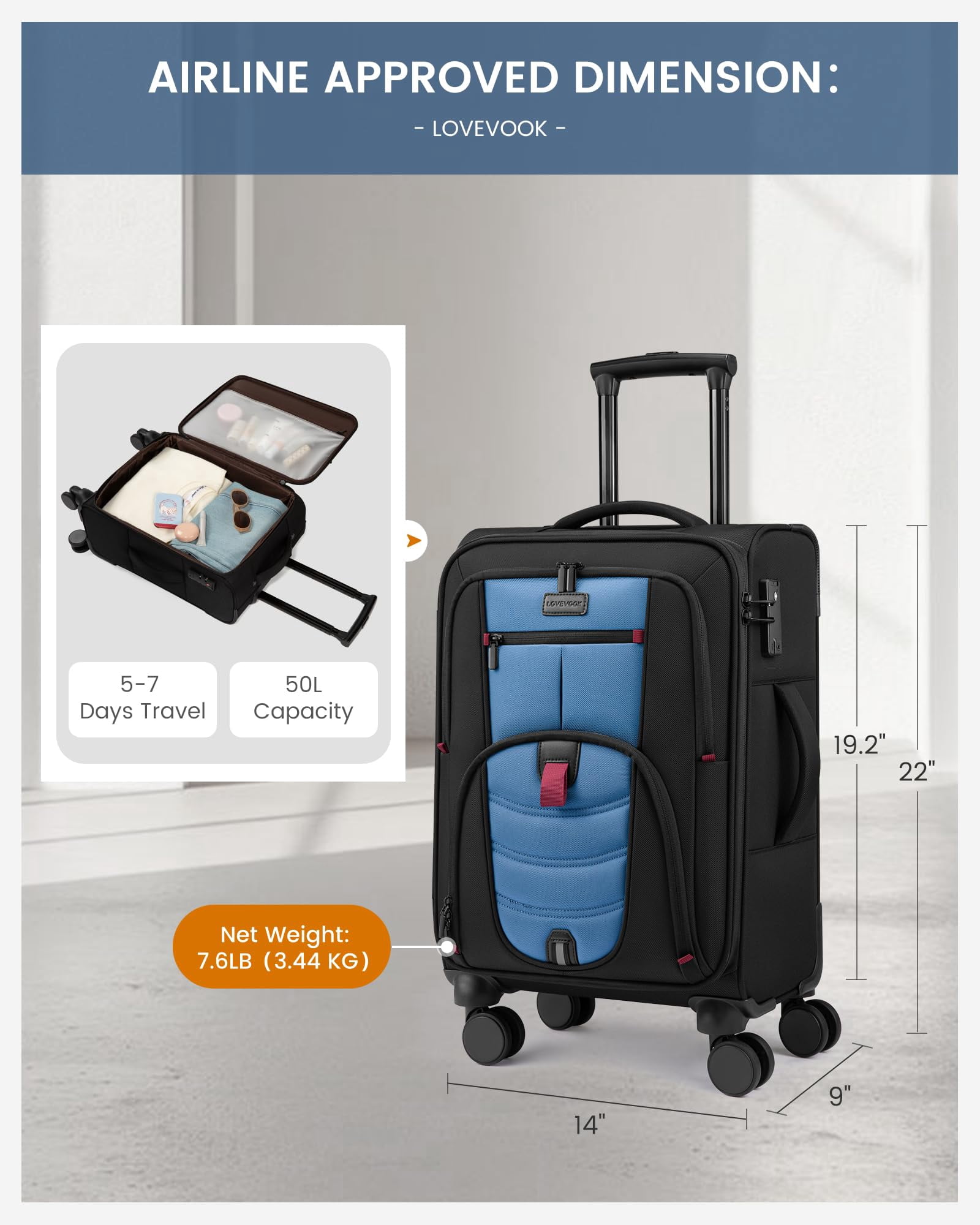 LOVEVOOK Carry On Luggage 22x14x9 Airline Approved, 22-Inch Suitcases with Spinner Wheels, Soft side Luggage with TSA Lock for Men Women Business Trip, Lightweight Large Capacity Luggage for Travel
