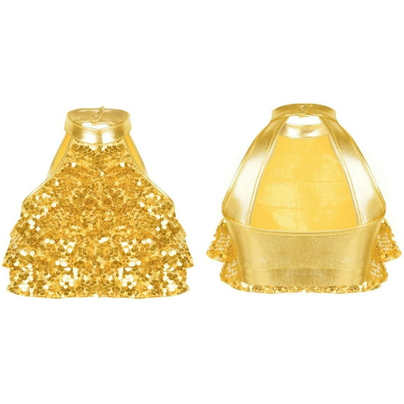 Xnihocha Sequin Crop Top for Girls Metallic Shiny Sleeveless Halter Hip Hop Jazz Latin Dance Costume Gold 8